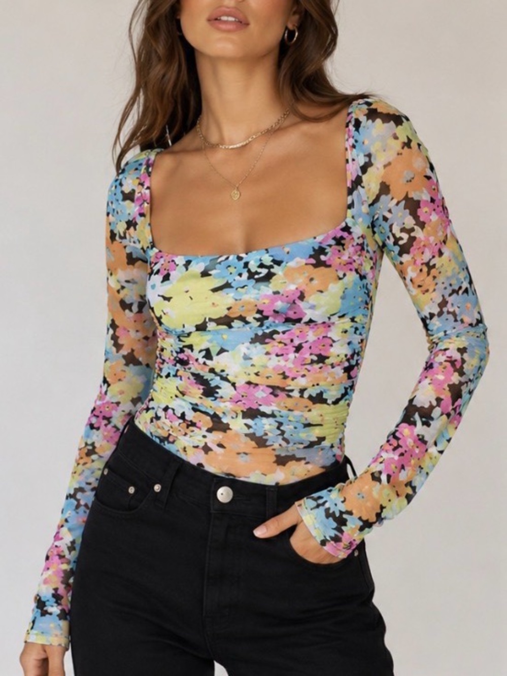 AFRM Black Bodysuit with Multicolor Floral Accents